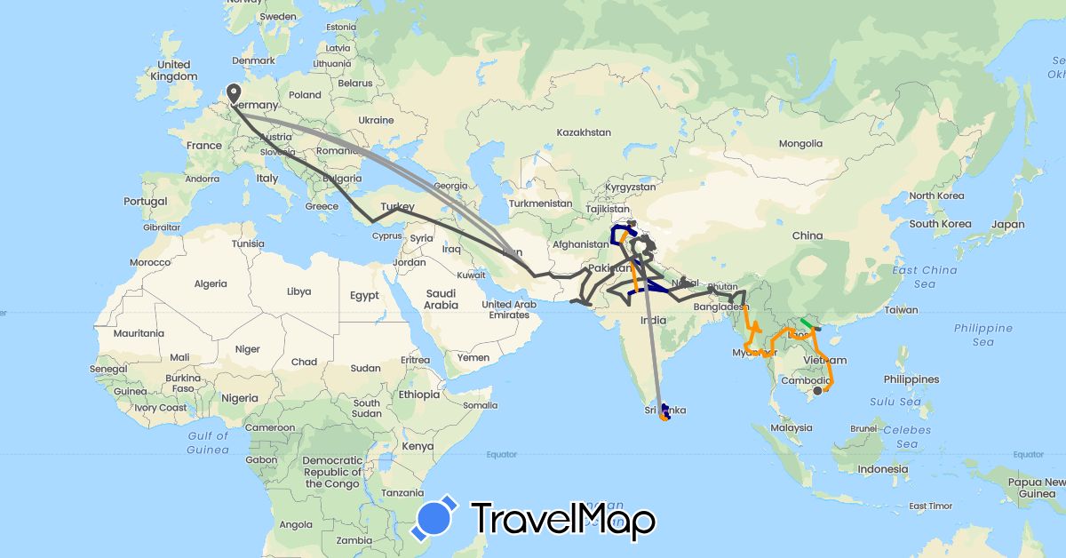 TravelMap itinerary: driving, bus, plane, train, hiking, boat, hitchhiking, motorbike in Bulgaria, Germany, India, Iran, Laos, Sri Lanka, Myanmar (Burma), Nepal, Pakistan, Slovenia, Thailand, Turkey, Vietnam (Asia, Europe)
